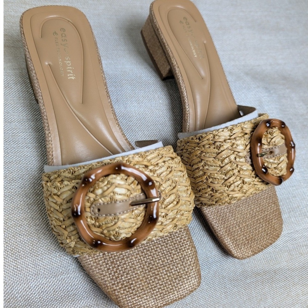 Easy Spirit Gatlin2 Slide Sandals Womens 5.5M Natural Tan NIB Woven Buckle Mules